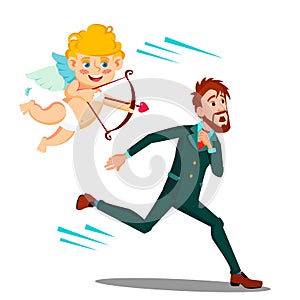 Frightened Man Running From Valentine s Day Cupid Vector. Illustration