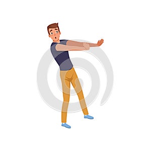 Frightened man trying to defending from something. Young guy with scared face expression. Emotional person. Flat vector