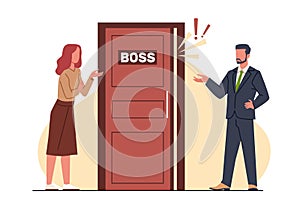 Frightened office workers dont want to enter boss office. Angry manager yells at workers. Unhappy exhausted scared