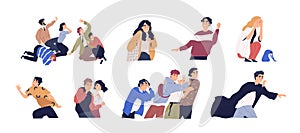 Frightened people flat vector illustrations set. Panic attack, business crisis, anxiety and phobia concept. Trouble