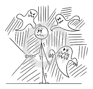 Frightened Person with Flashlight Surrounded by Scary Ghosts, Vector Cartoon Stick Figure Illustration