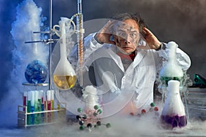 Frightened scientist front of experiment that exploded photo
