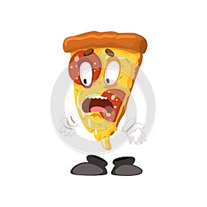 Frightened slice of pizza, funny cartoon fast food character vector Illustration on a white background