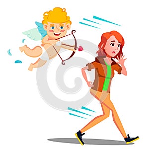 Frightened Teen Girl Running From Valentine s Day Cupid Vector. Illustration