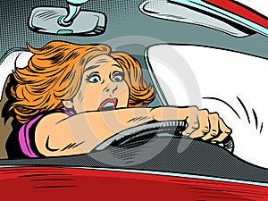 frightened woman driving, speed on the road. Emotions of the driver and the rules of the road. Accident