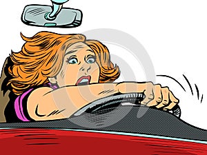 frightened woman driving, speed on the road. Emotions of the driver and the rules of the road. Accident