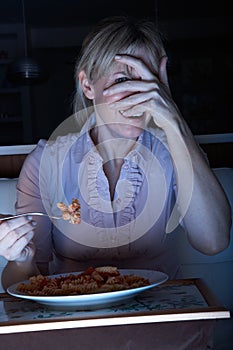 Frightened Woman Enjoying Meal Watching TV