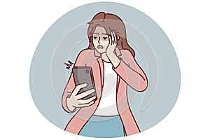 Frightened woman looks into mobile phone after seeing unpleasant sms message. Vector image