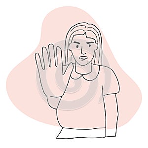 A frightened woman puts her hand forward. A gesture of stopping. Human emotion. line art vector