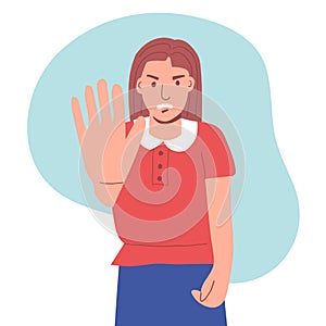 A frightened woman puts her hand forward. Stop gesture. Human emotion. flat vector