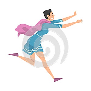 Frightened Young Woman in Blue Dress Running Away Cartoon Style Vector Illustration