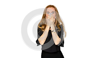 Frightened young woman on an isolated white background