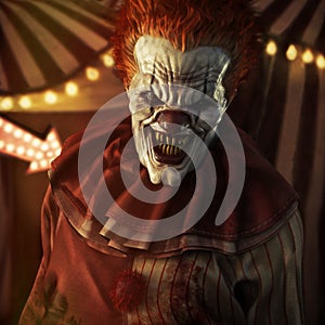 Frightening Evil looking clown posing in front of a circus tent.