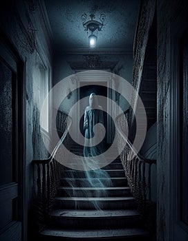 Frightening ghost in abandoned haunted house for spooky Halloween. Scary ghostly spirit on stairs. Generative AI