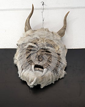 Frightening hide and fur mask with horns and saber teeth in Todos Santos.