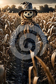 Frightening scarecrow in cornfield. creepy concept