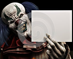 Frightening scary clown with sharp fangs piercing the darkness holding a black advertisement card with room for your text photo