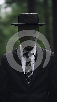 A frightful face wearing a corporate memphis mod camp outfit of