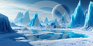 A frigid ice world with sprawling glaciers and vast underground oceans