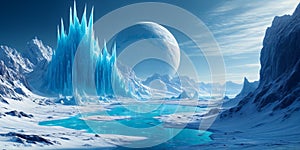 A frigid ice world with sprawling glaciers and vast underground oceans