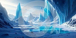A frigid ice world with sprawling glaciers and vast underground oceans