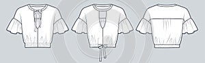 Frill Sleeve Blouse technical fashion Illustration. Drawstring Top, Shirt fashion flat technical drawing template, cropped, cutout