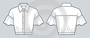 Frill Sleeve Shirt technical fashion Illustration. Cropped Shirt, Blouse fashion flat technical drawing template, button-down