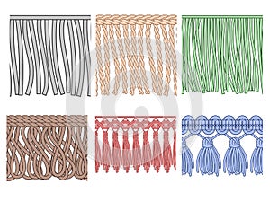 Fringe trim. Textile fringes, raw cloth edge and fashion garment frills. Seamless ruffles fiber vector patterns