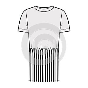 Fringed cotton-jersey top technical fashion illustration with scoop neck, short sleeves, above-the-knee length oversized photo