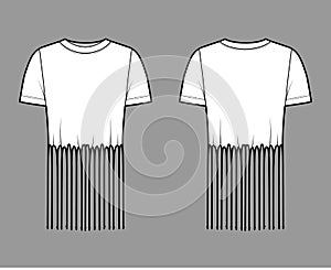 Fringed cotton-jersey top technical fashion illustration with scoop neck, short sleeves, above-the-knee length oversized photo