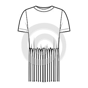 Fringed cotton-jersey top technical fashion illustration with scoop neck, short sleeves, above-the-knee length oversized photo