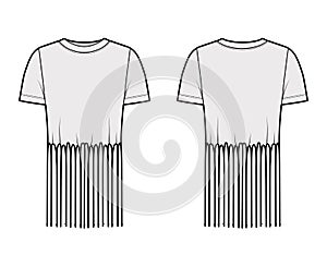 Fringed cotton-jersey top technical fashion illustration with scoop neck, short sleeves, above-the-knee length oversized photo