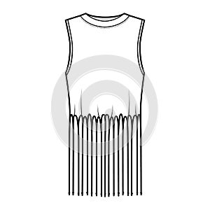 Fringed cotton-jersey top technical fashion illustration with scoop neck, sleeveless, above-the-knee length, oversized photo