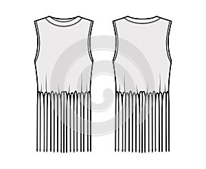 Fringed cotton-jersey top technical fashion illustration with scoop neck, sleeveless, above-the-knee length, oversized photo