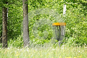 Frisbee golf basket behind blurred grass