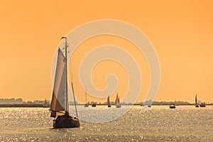 Frisian Dutch sailing ships during sundown