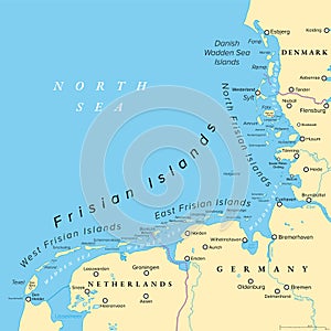 Frisian Islands, Wadden Sea Islands at the North Sea, political map