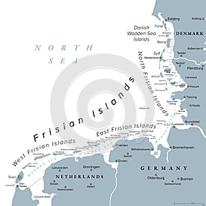 Frisian Islands, Wadden Sea Islands at the North Sea, gray political map photo