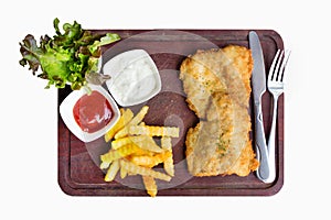 Fritters fish steak served with french fries on white b