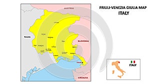 Friuli Venezia Giulia Map. State and district map of Friuli Venezia Giulia. Political map of Friuli Venezia Giulia with the major