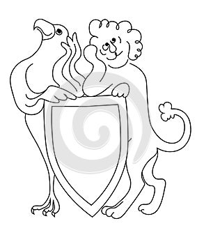 Frivolous lion and eagle hold arms. Vector black outline image.