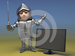 Frivolous medieval knight buys a new wide screen television monitor, 3d illustration