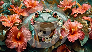 Frog Amongst Hibiscus Flowers