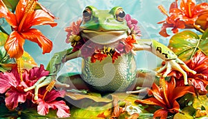 Frog Amongst Hibiscus Flowers