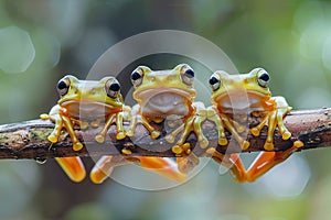 Frog Baby group of animals hanging out on a branch, cute, smiling, adorable Generative AI