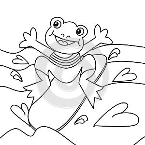 Frog and board - coloring page, vector illustration, black and white colors photo