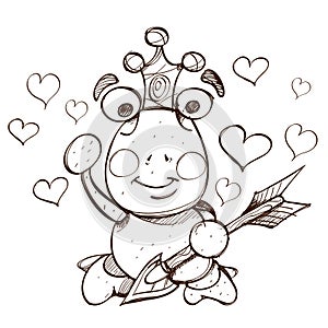 Frog with a boom, fairy tale character. Black and white outline drawing