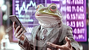 Frog Businessman Holding Smartphone in Front of Stock Market Charts photo