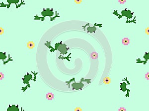 Frog cartoon character seamless pattern on green background.Pixel style