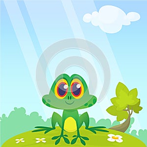 Frog Cartoon Character sitting on the ground isolated on forest background. Colorful vector illustration.